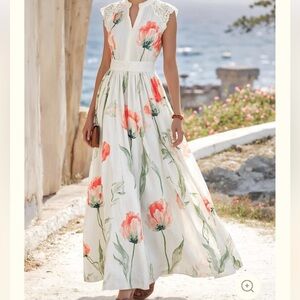 Maxi Linen Dress, Sleeveless, V Neck, Lace, Vacation, Vintage, size large